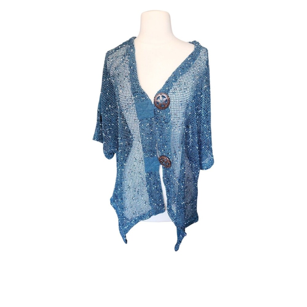 Kaktus Sheer Crochet Button Front Cardigan Womens 1X Teal Bohemian Minimalist